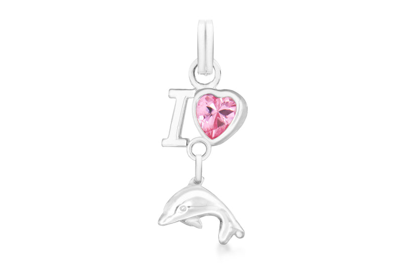 Sterling Silver Pink Zirconia  I Love Dolphin Pendant