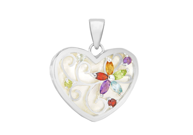 Sterling Silver MultiColoured Zirconia  and Mother of Pearl Floral Heart Pendant