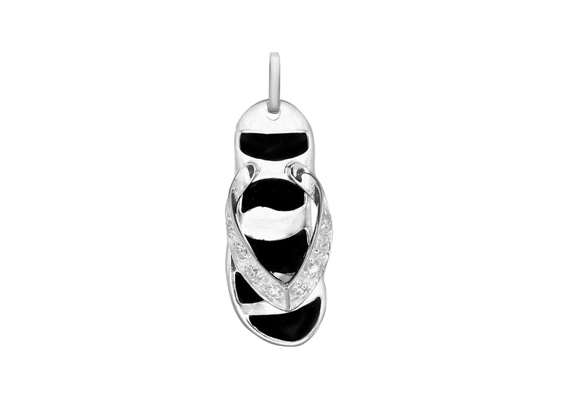 Sterling Silver Crystal and Black Enamel 10mm x 29.5mm Flip-Flop Pendant