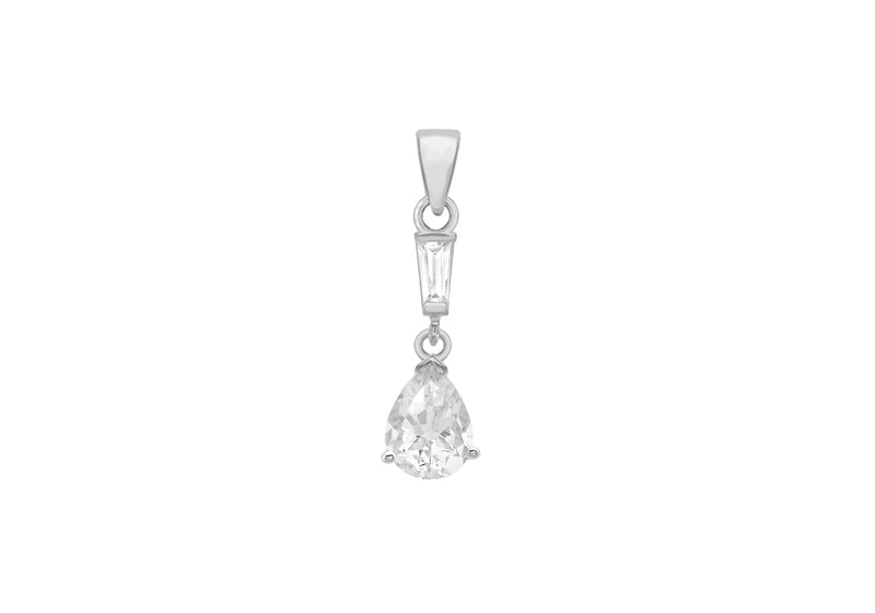 Sterling Silver Baguette and Pear Zirconia  7mm x 23.9mm Drop Pendant