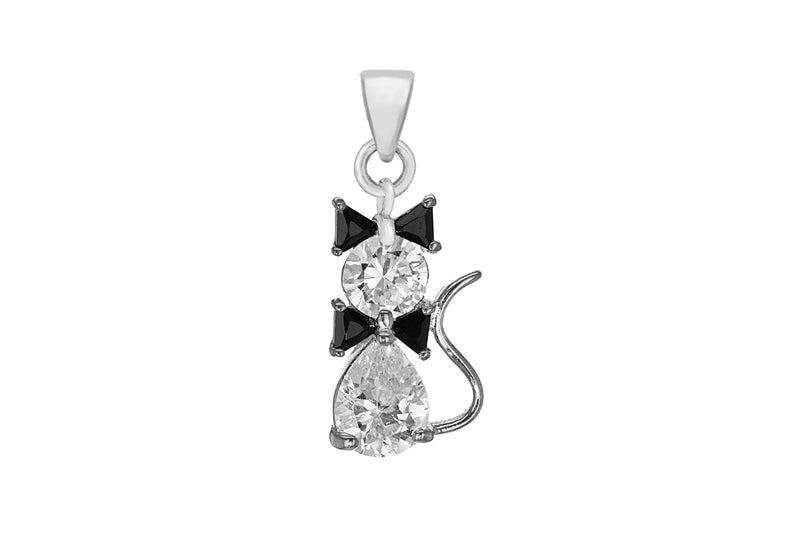 Sterling Silver Black & White Zirconia Cat Pendant