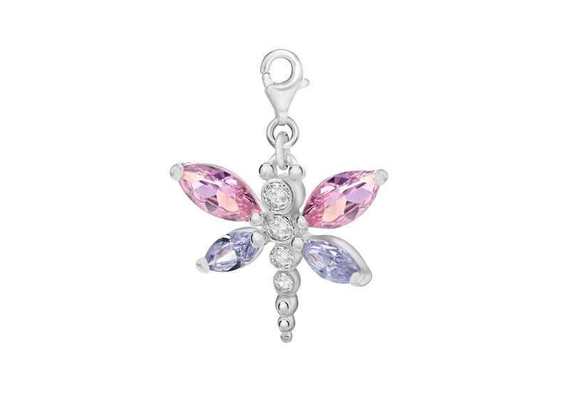 Sterling Silver Rose & Lavender Zirconia Set Dragonfly Charm