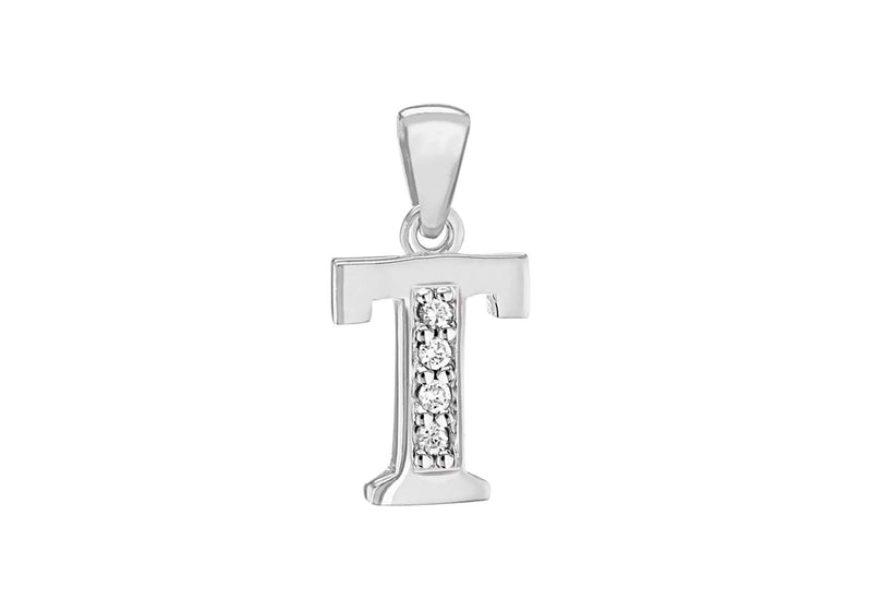 Sterling Silver Zirconia  8.2mm x 17.9mm 'T' Initial Pendant