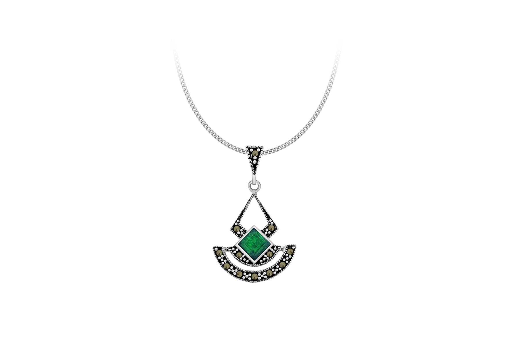 Sterling Silver Marcasite and Green Agate Pendant