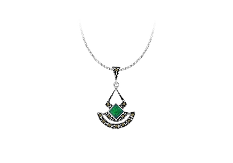Sterling Silver Marcasite and Green Agate Pendant