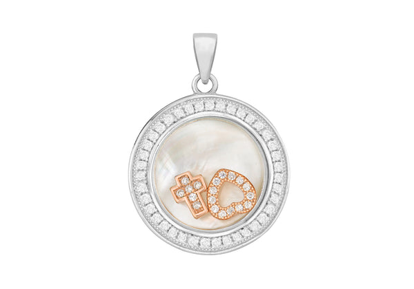 Sterling Silver Rhodium Zirconia & Mother of Pearl Circle with Heart & Cross Charms Pendant