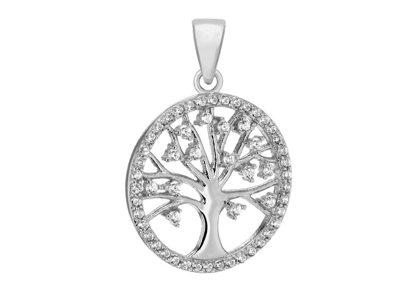 Sterling Silver Rhodium Plated Zirconia  20.9mm x 29mm 'Tree of Life' Pendant