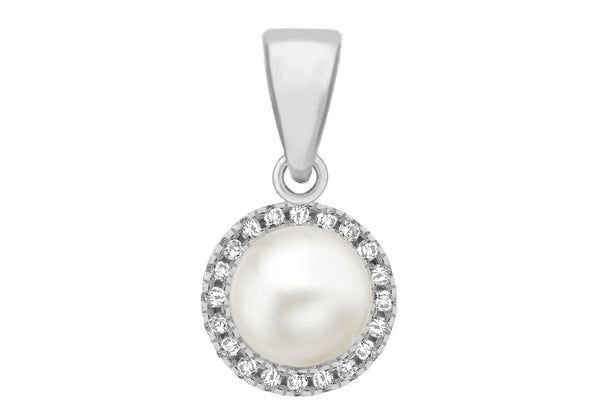 Sterling Silver Rhodium Plated Zirconia  and Fresh Water Pearl 9.4mm x 17.5mm Pendant