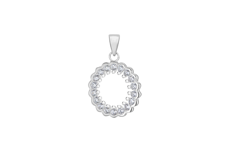 Sterling Silver Rhodium Plated Zirconia  Claw and Rubover 15.7mm x 23.4mm Circle Pendant