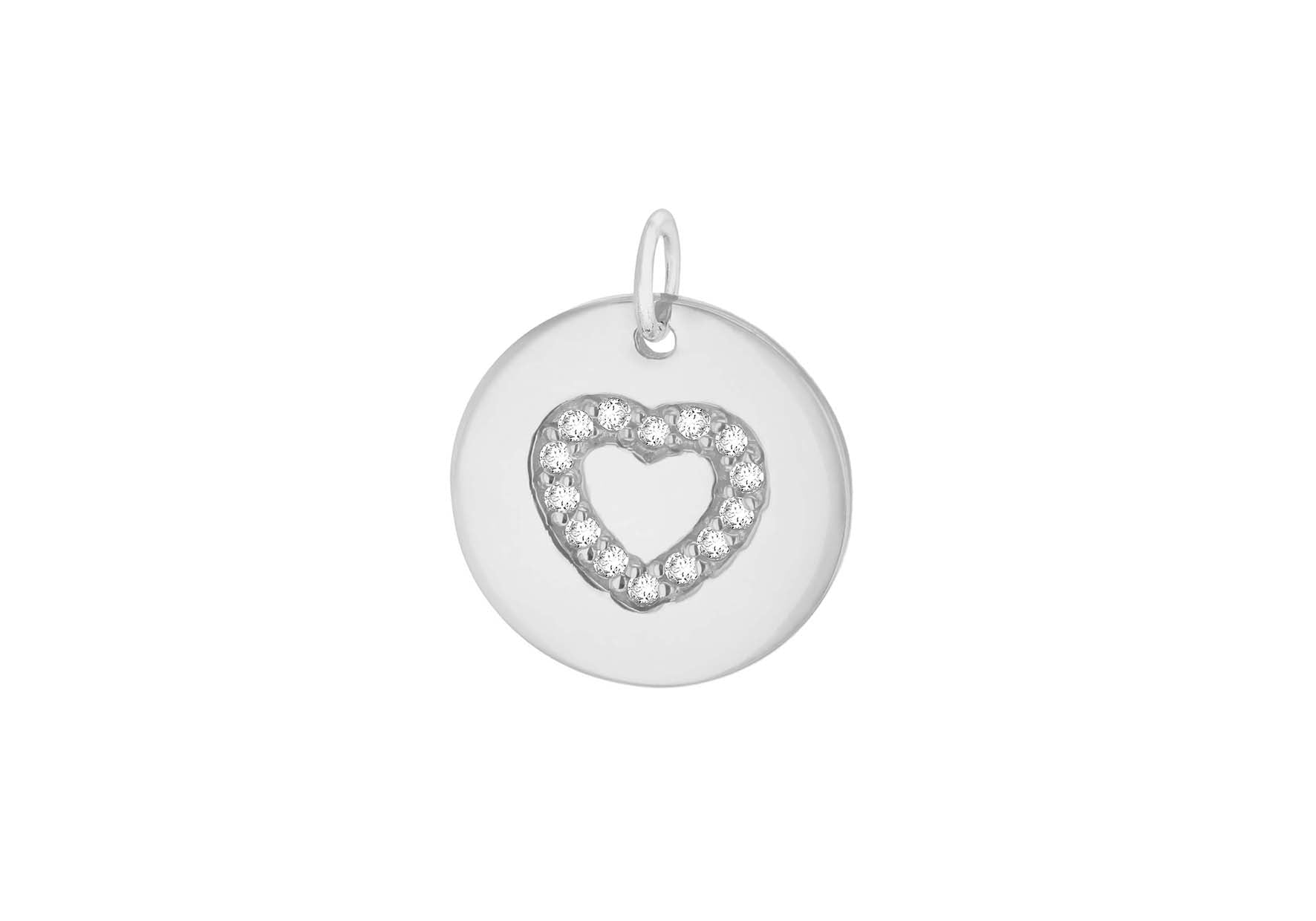 Sterling Silver Rhodium Plated Zirconia  15mm x 18mm Heart Disc Pendant