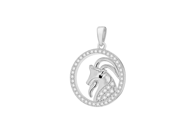 Sterling Silver Rhodium Plated Zirconia  19.3mm x 26.5mm Aries Horoscop Round Pendant