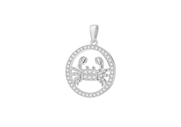 Sterling Silver Rhodium Plated Zirconia Cancer Horoscop Round Pendant
