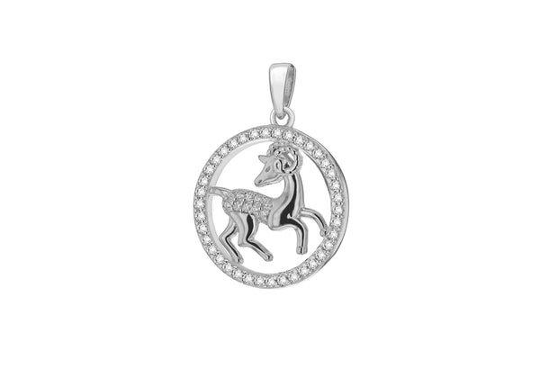 Sterling Silver Rhodium Plated Zirconia Capricorn Horoscope Round Pendant