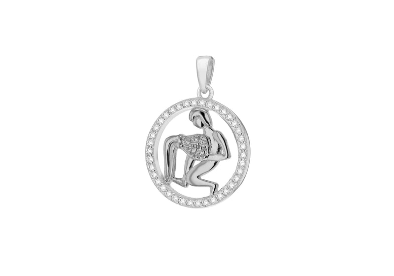 Sterling Silver Rhodium Plated Zirconia Aquarius Horoscope Round Pendant