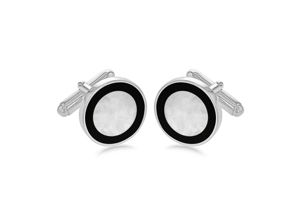 Sterling Silver Round Onyx & Moonstone Cufflinks