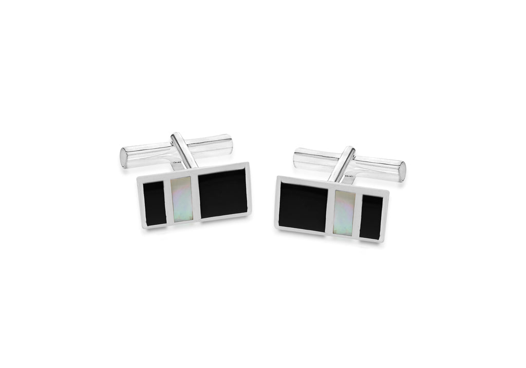Sterling Silver 10.2mm x 18.8mm Onyx and Mother of Pearl Retangle Cufflinks