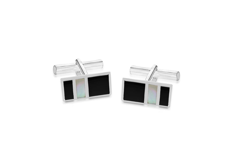 Sterling Silver 10.2mm x 18.8mm Onyx and Mother of Pearl Retangle Cufflinks