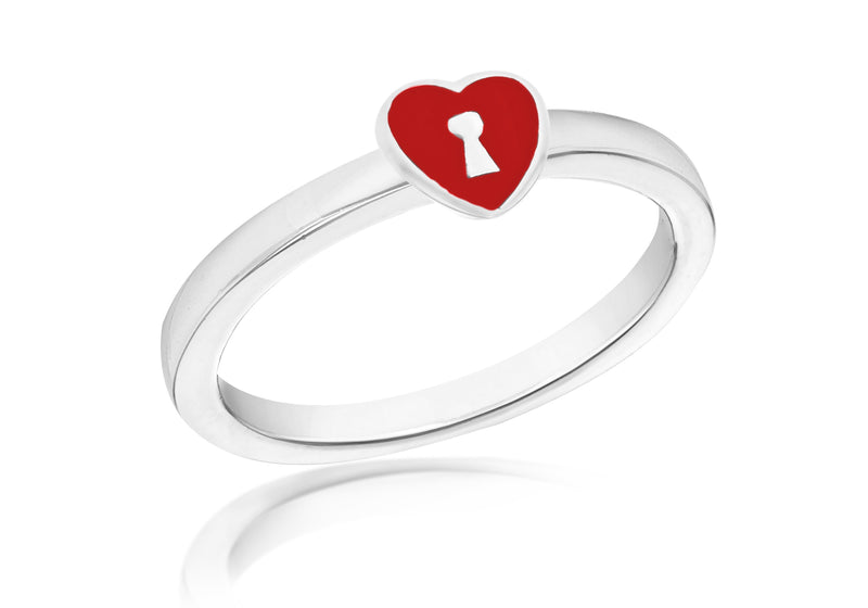 SILVER RED HEART/KEY S Ring