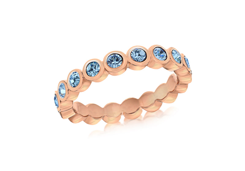 Sterling Silver Rose Gold Plated Round Blue Crystal Band Stacking Ring