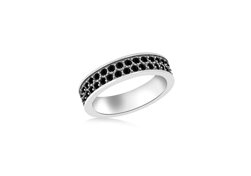 Sterling Silver Rhodium Plated Double Row Black Crystal Band Stacking Ring