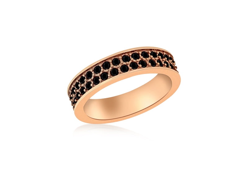 Sterling Silver Rose Gold Plated Double Row Black Crystal Band Stacking Ring