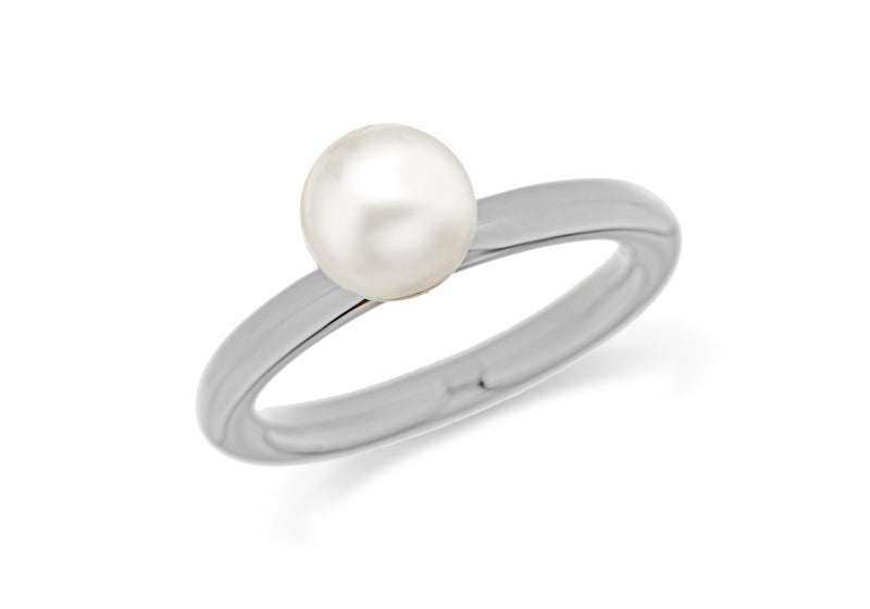 Sterling Silver Rhodium Plated White Simulated Pearl Stacking Ring