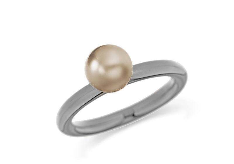 Sterling Silver Black Rhodium Plated Bronze Simulated Pearl Stacking Ring