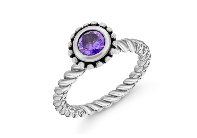 Sterling Silver Rhodium Plated Round Purple Zirconia  Stacking Ring