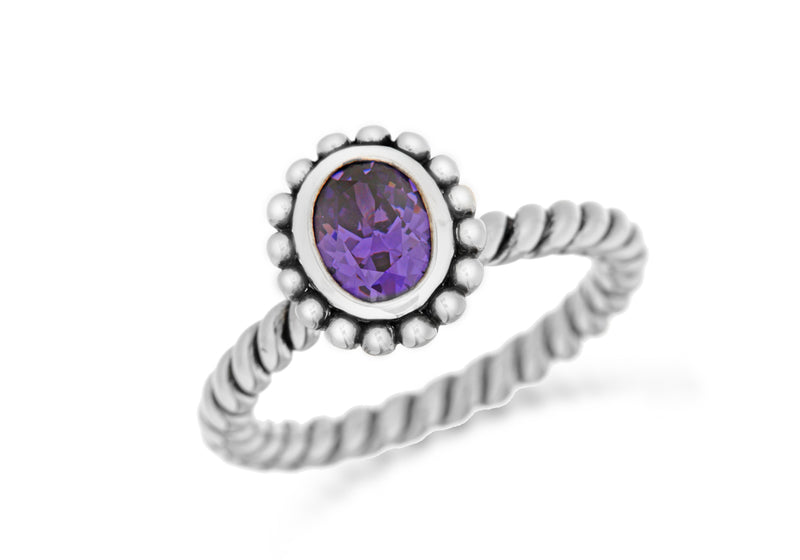 Sterling Silver Rhodium Plated Oval Purple Zirconia  Stacking Ring