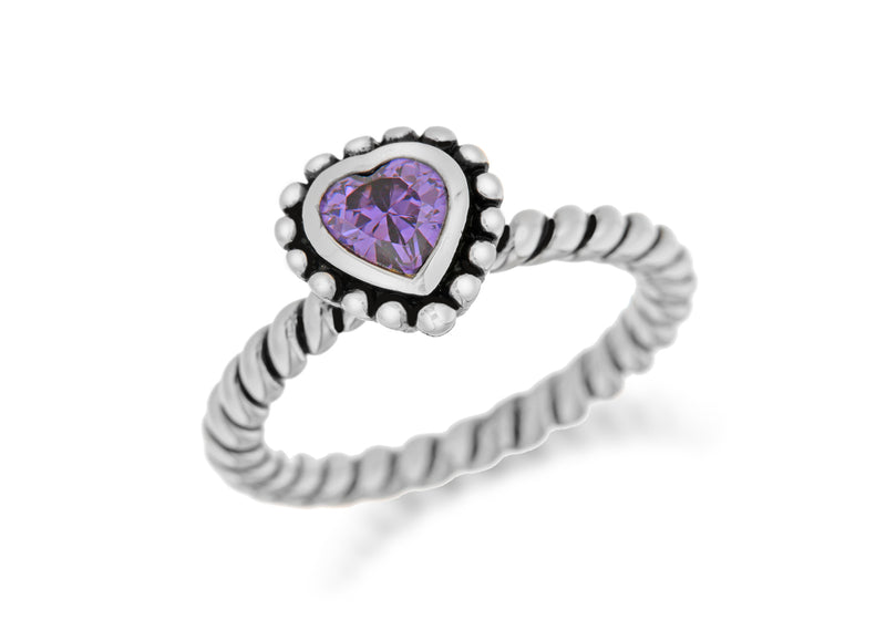 Sterling Silver Rhodium Plated Purple Zirconia  Heart Stacking Ring