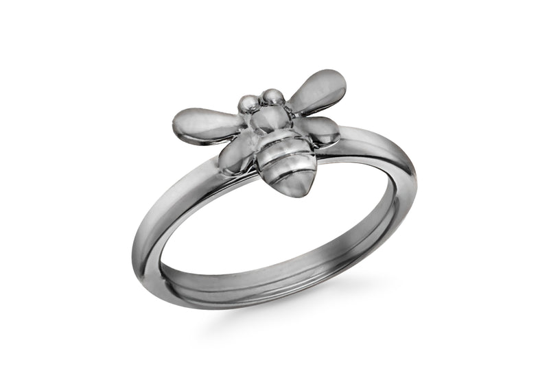 Sterling Silver Black Rhodium Plated Oxidised  Bee Stacking Ring