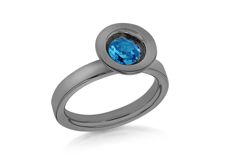 Sterling Silver Black Rhodium Plated Round Blue Zirconia  Stacking Ring