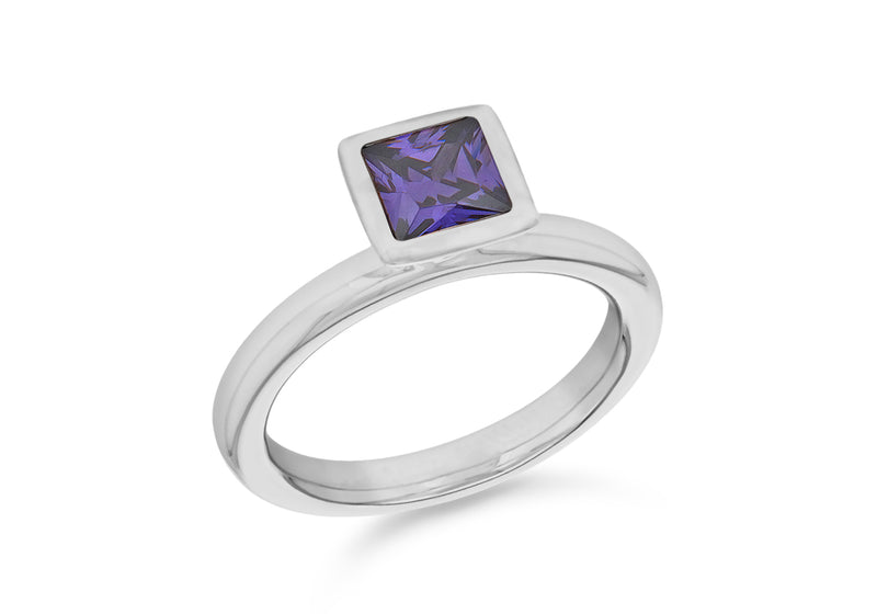 Sterling Silver Rhodium Plated Square Purple Zirconia  Stacking Ring