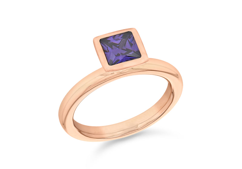 Sterling Silver Rose Gold Plated Square Purple Zirconia  Stacking Ring