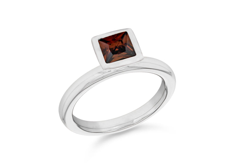 Sterling Silver Rhodium Plated Square Brown Zirconia  Stacking Ring