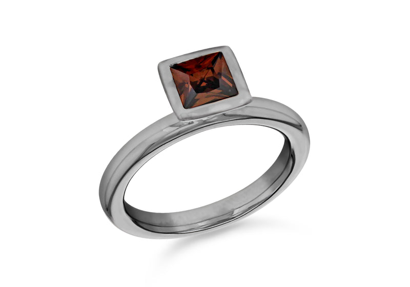 Sterling Silver Black Rhodium Plated Square Brown Zirconia  Stacking Ring
