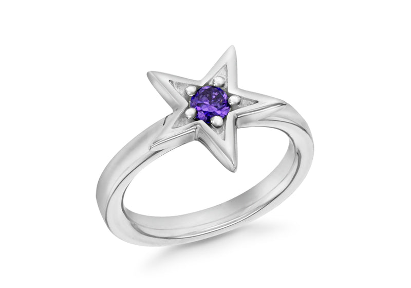 Sterling Silver Rhodium Plated Purple Zirconia  Star Stacking Ring