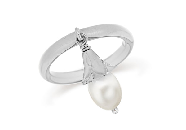 Sterling Silver Rhodium Plated White Pearl Drop Stacking Ring