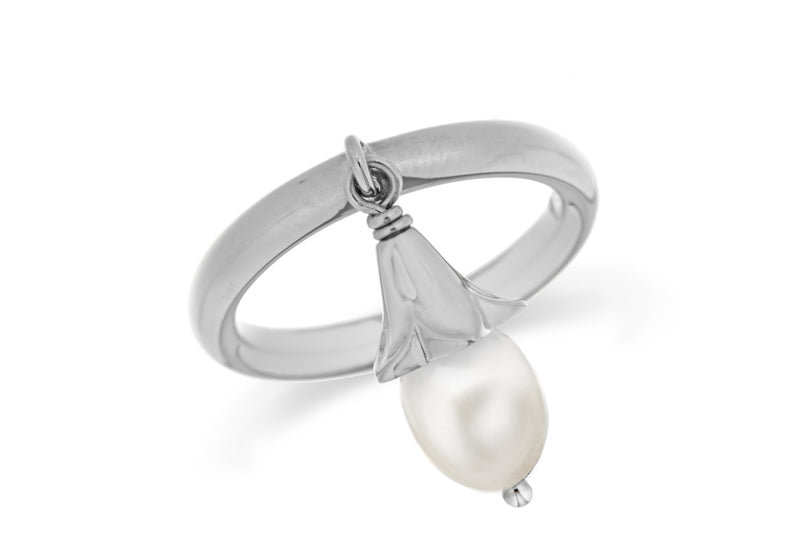 Sterling Silver Black Rhodium Plated White Pearl Drop Stacking Ring