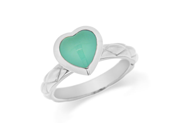 Sterling Silver Rhodium Plated Turquoise Opaque Crystal  Heart Patterned Stacking Ring