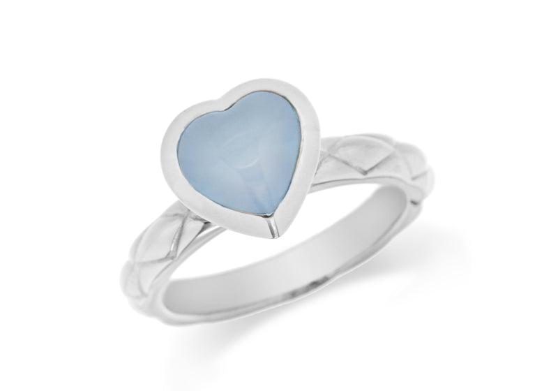 Sterling Silver Rhodium Plated Blue Opaque Crystal  Heart Patterned Stacking Ring