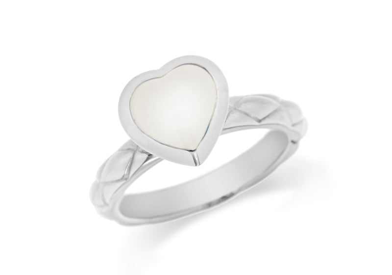 Sterling Silver Rhodium Plated White Opaque Crystal  Heart Patterned Stacking Ring