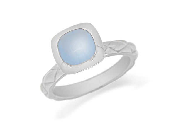 Sterling Silver Rhodium Plated Square Blue Opaque Crystal  Patterned Stacking Ring