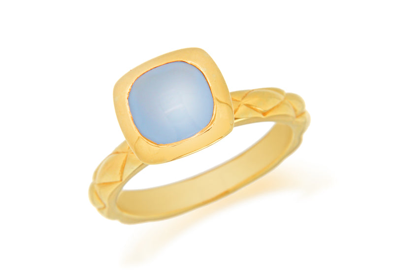 Sterling Silver Yellow Gold Plated Square Blue Opaque Crystal  Patterned Stacking Ring