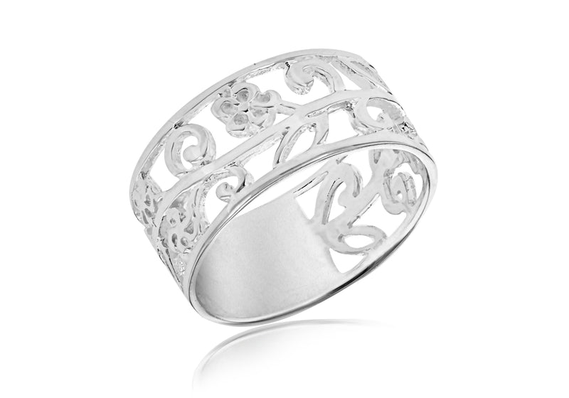 Sterling Silver Flower & Leaf Band Ring 