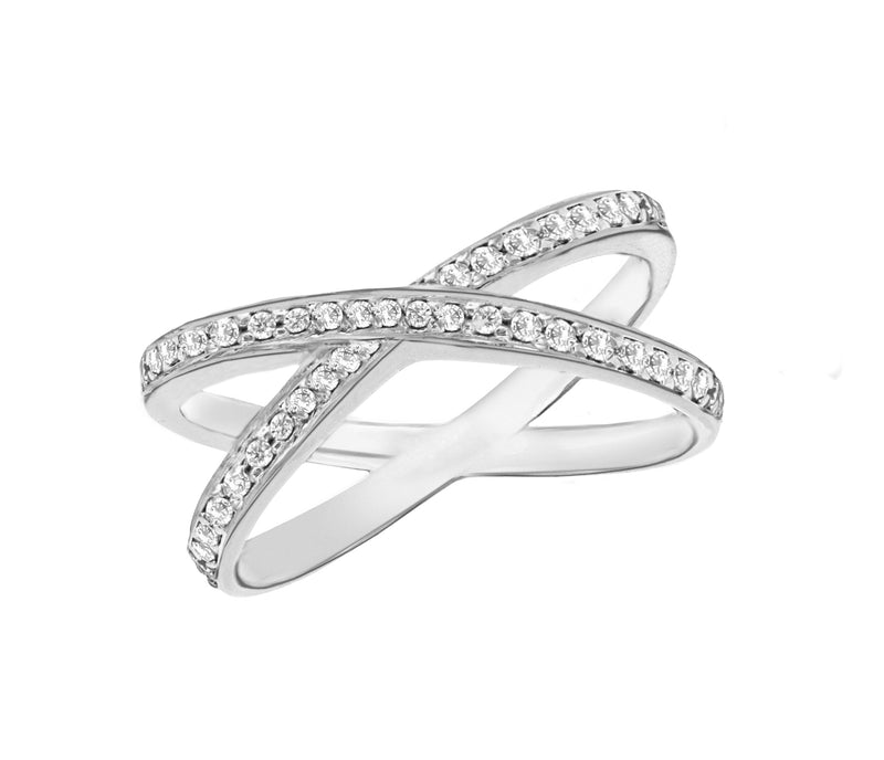 Sterling Silver Rhodium Plated Zirconia  Crossover Band Ring