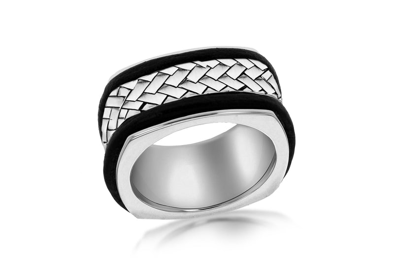 Sterling Silver Herringbone Patterned Leather Inlay Ring