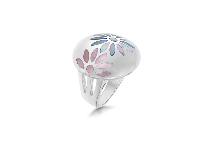 SILVER PINK/BLUE FLOWER Ring