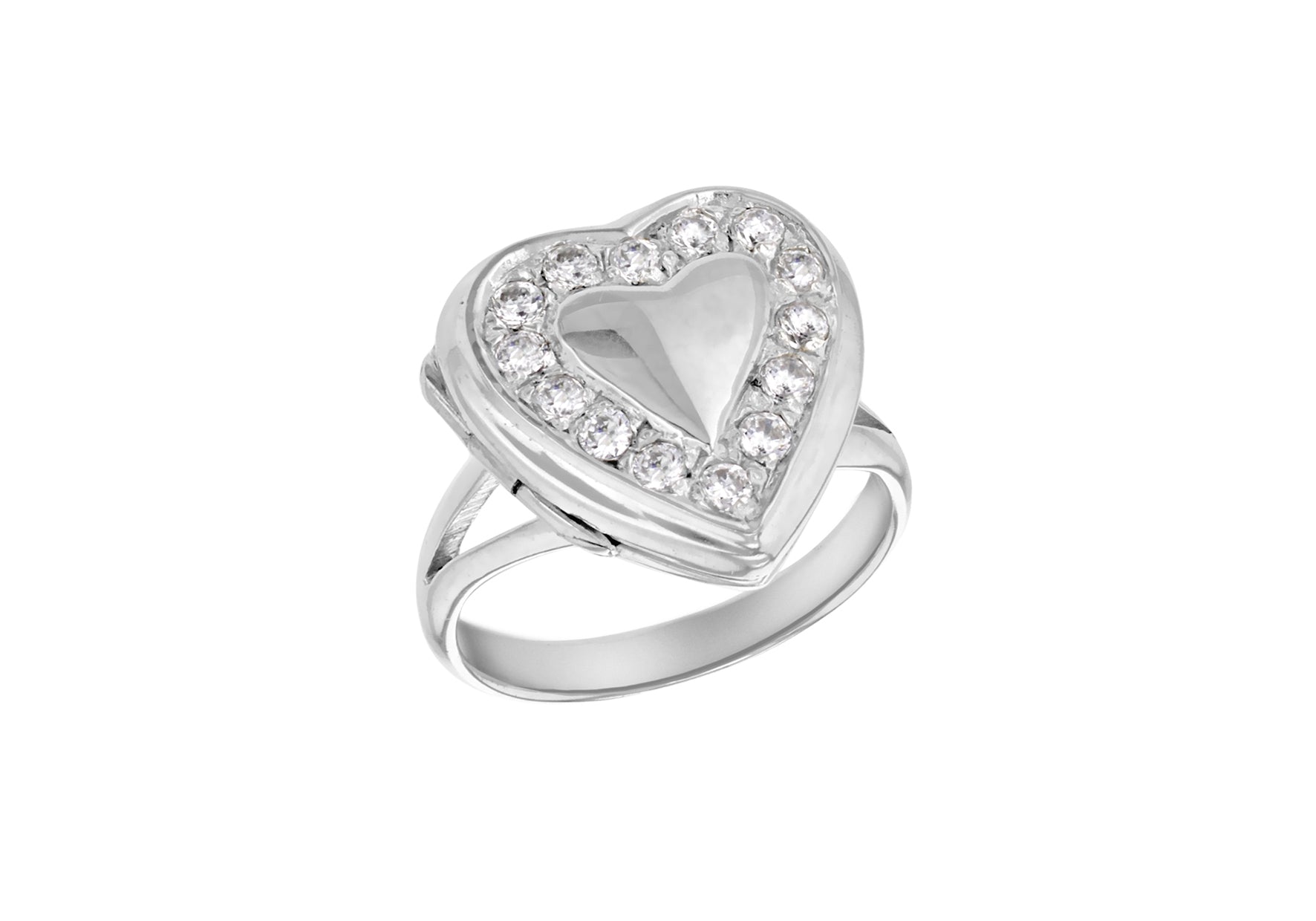 Sterling Silver White Zirconia Edge Heart Locket Ring