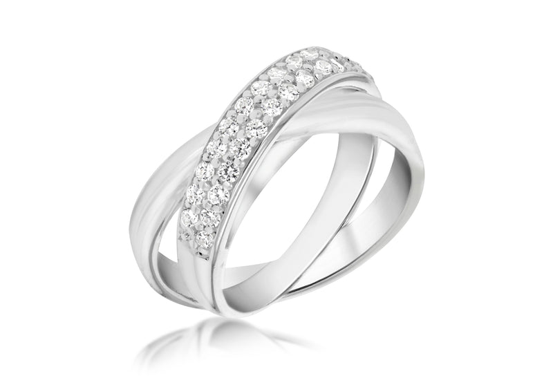 Sterling Silver Two Band Zirconia  Set Russian Ring